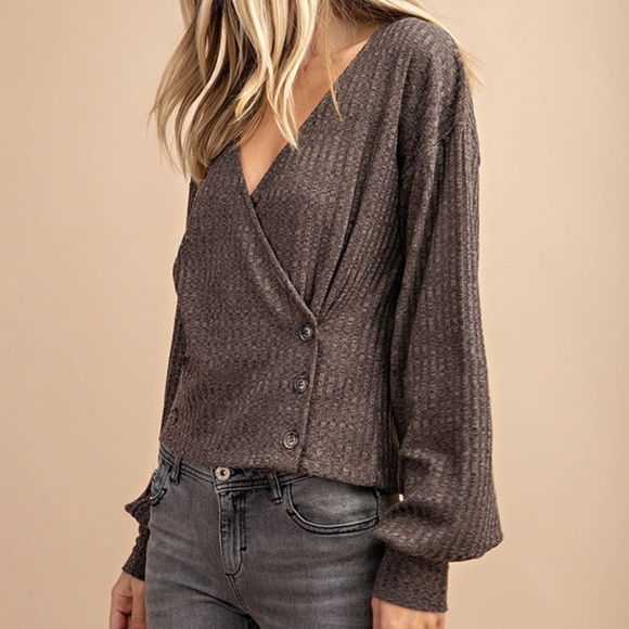 Ribbed Double Button Overlapped V-Neck Top - Picture 2 of 9